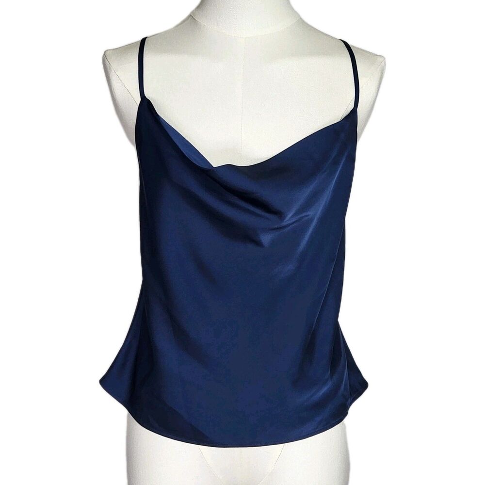 Rachel Zoe Navy Blue Satin Cowl Neck Cami Tank Top Cross Back Straps Medium Glam